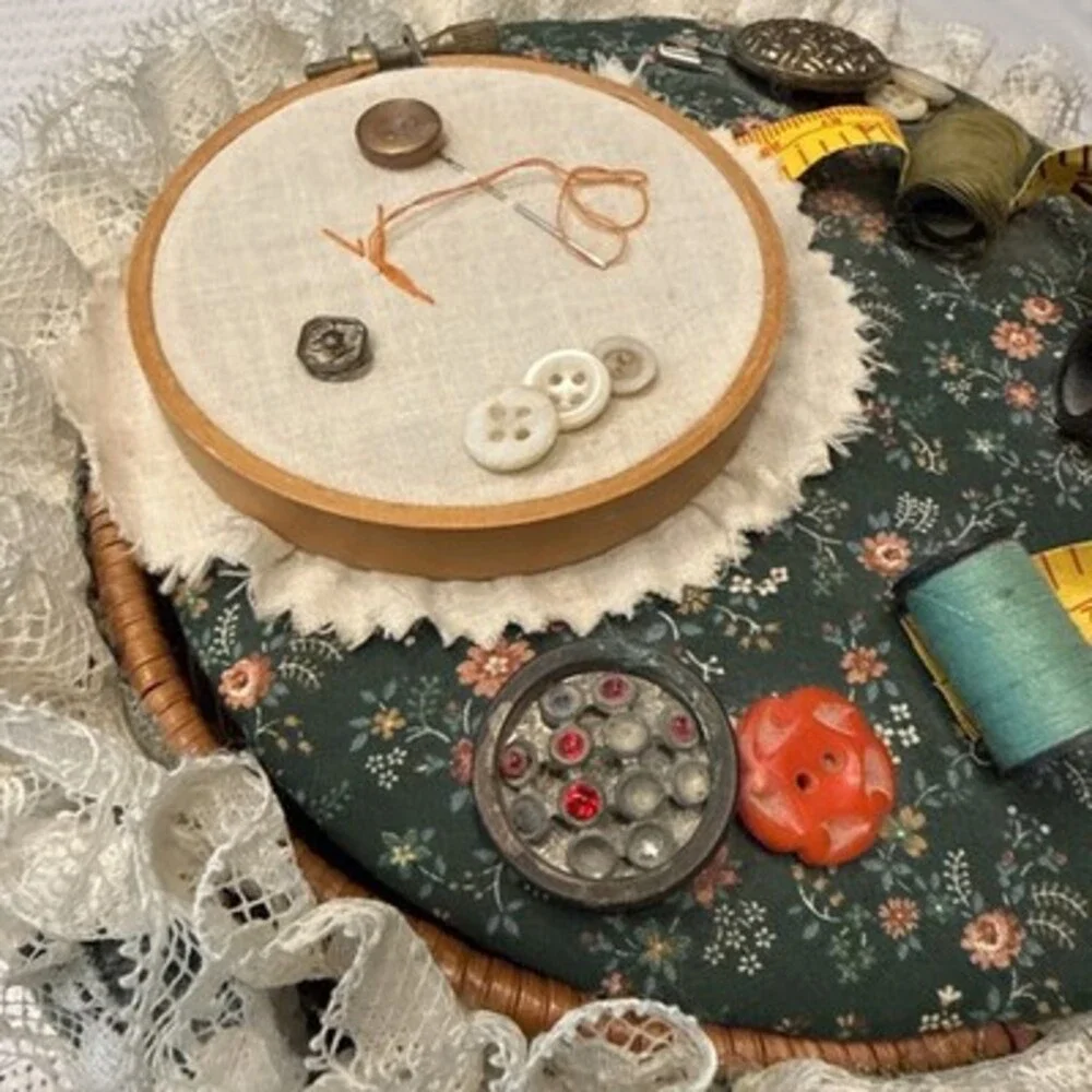 Vintage Heavenly Creations Sewing Basket Green Floral Motif